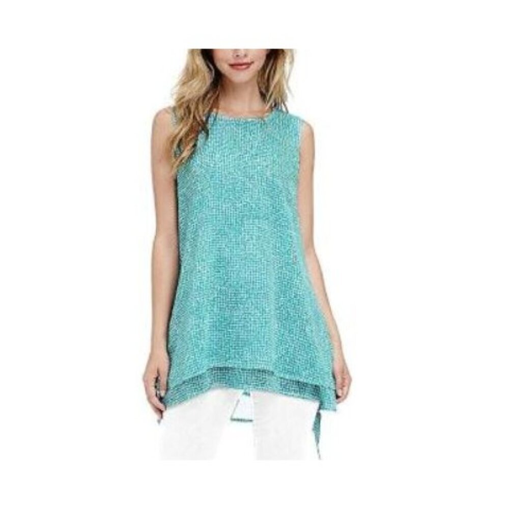 Fever Women Double Layer Sleeveless Blouse XL Aqua Speckle Grid Summer Keyhole